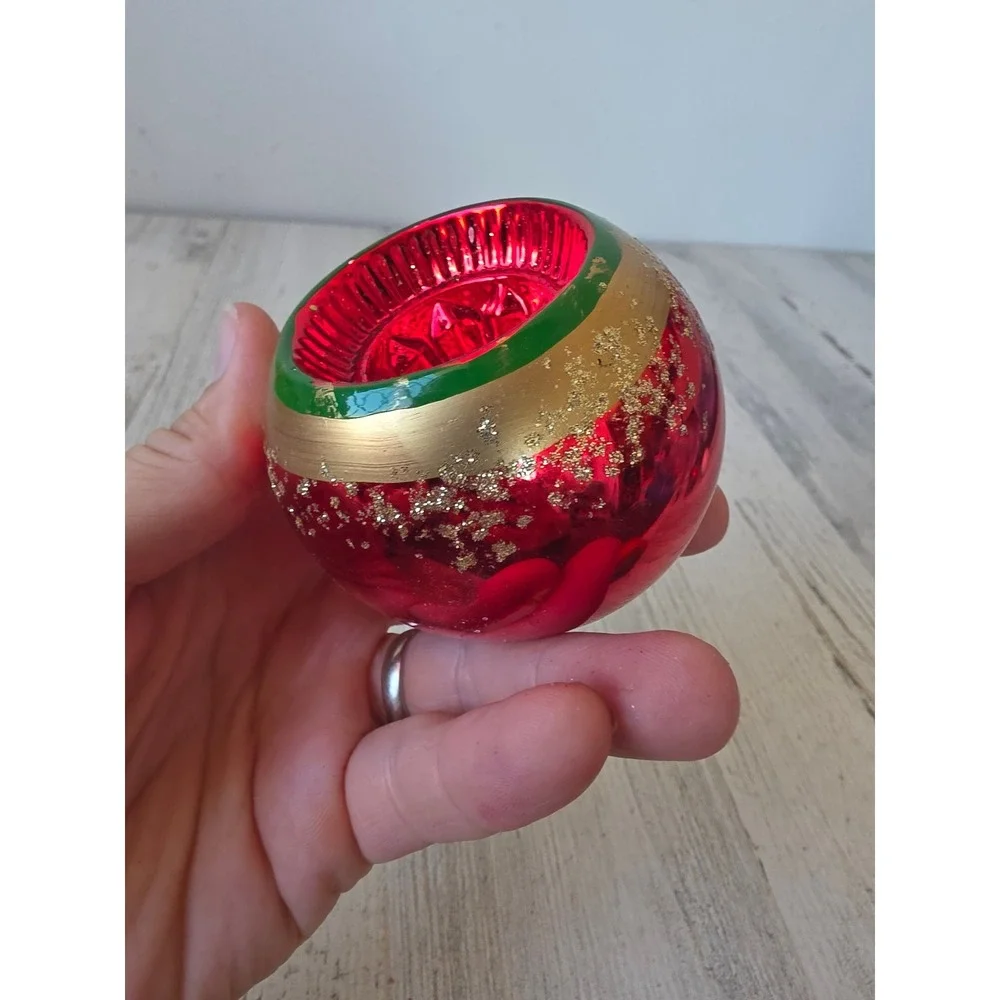 Vintage Kurt Adler red indent ball gold glitter ornament glass Xmas tree